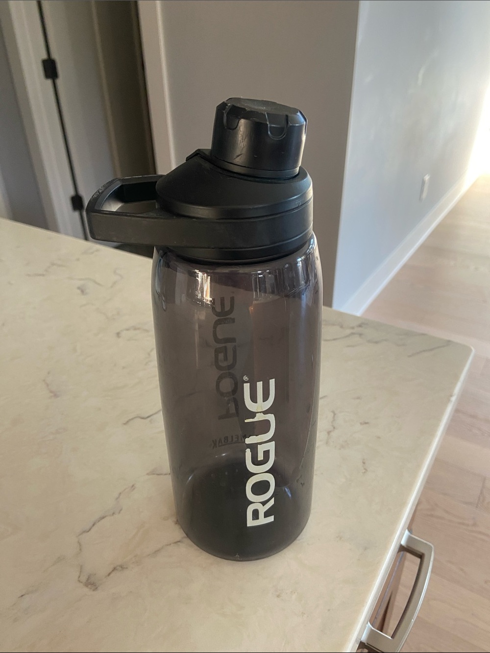 Rogue Smoky Black Sport Water Bottle with Flip Lid. Plastic.